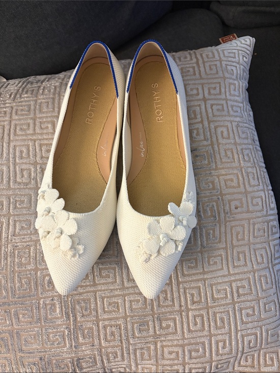 Rothy's Shoes - Rothy's White Floral Pointed-Toe Knit Flats with Blue Trim